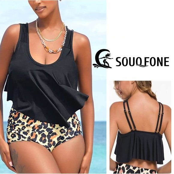 SOUQFONE High Waist Ruffled Flounce Top Ruched Bottom Swimsuit NEW WITH … - Picture 1 of 16